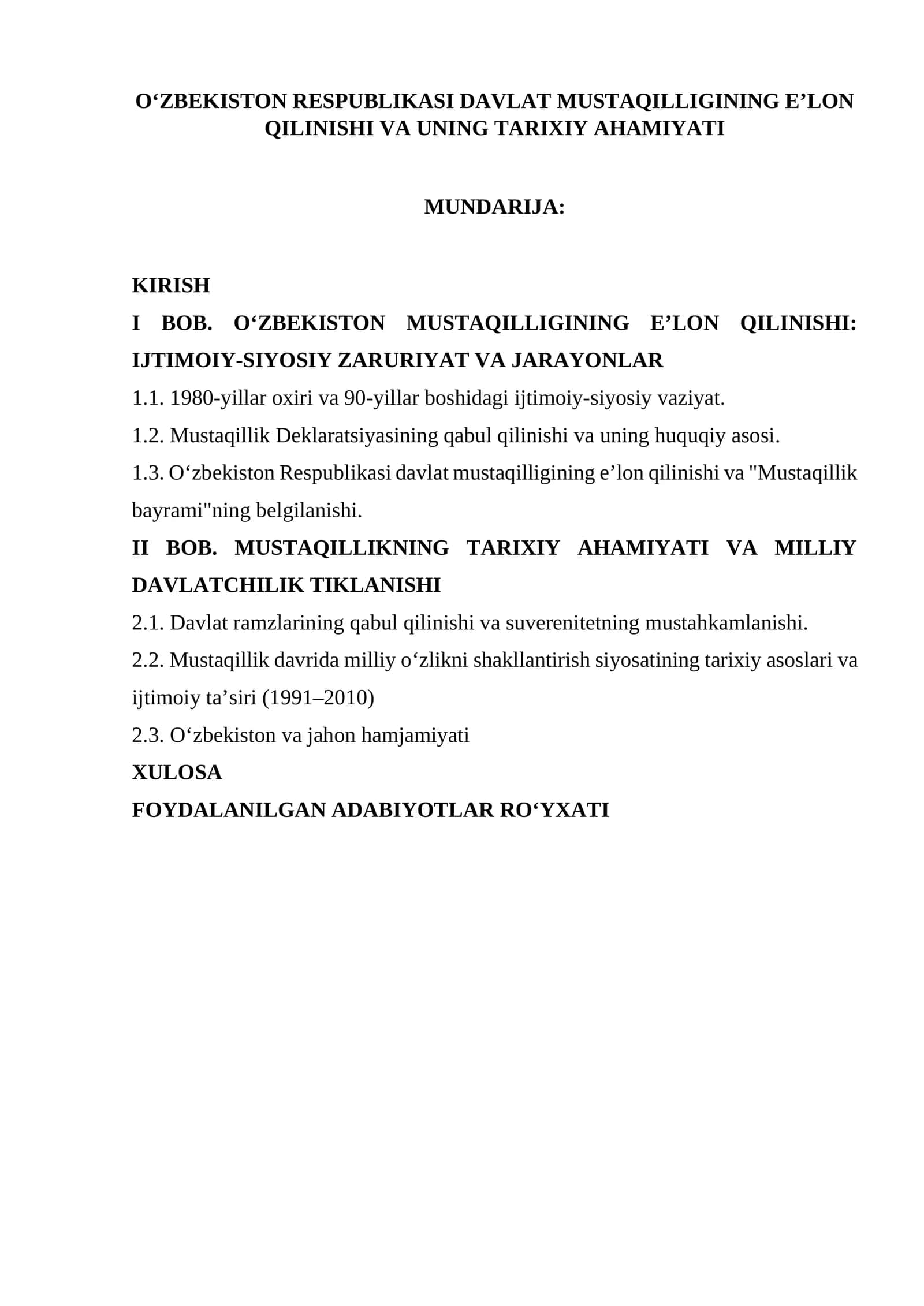 OʻZBEKISTON RESPUBLIKASI DAVLAT MUSTAQILLIGINING E’LON QILINISHI VA UNING TARIXIY AHAMIYATI 1