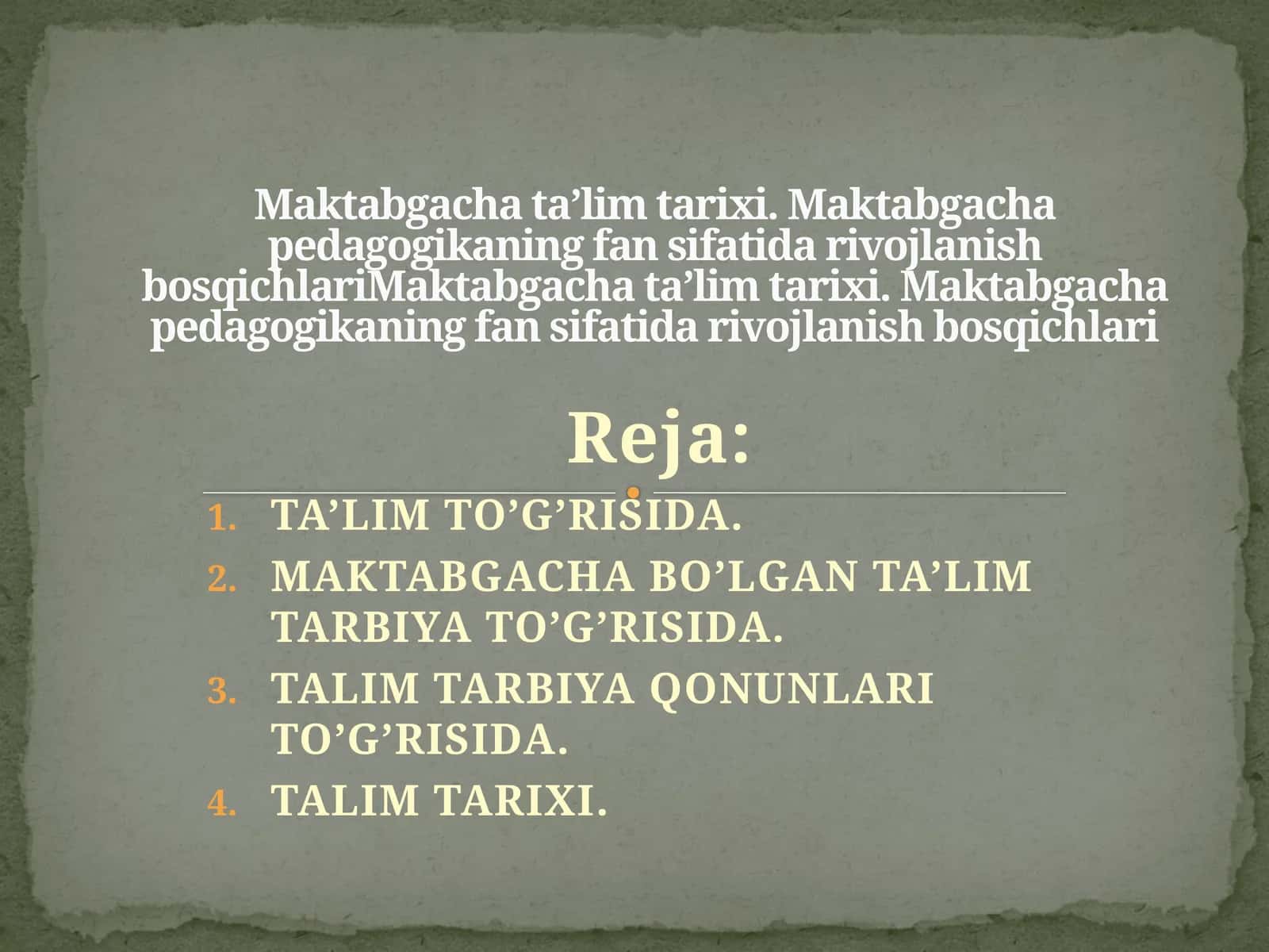 Maktabgacha ta’lim tarixi. Maktabgacha pedagogikaning fan sifatida rivojlanish bosqichlariMaktabgacha ta’lim tarixi. Maktabgacha pedagogikaning fan sifatida rivojlanish bosqichlari 1