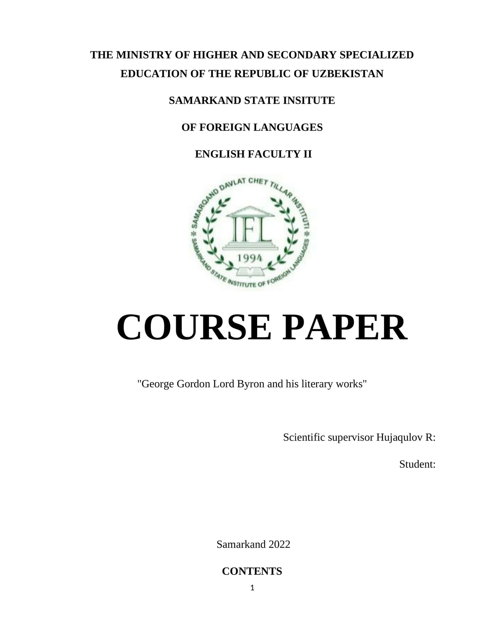 COURSE PAPER: "George Gordon Lord Byron and his literary works" 1