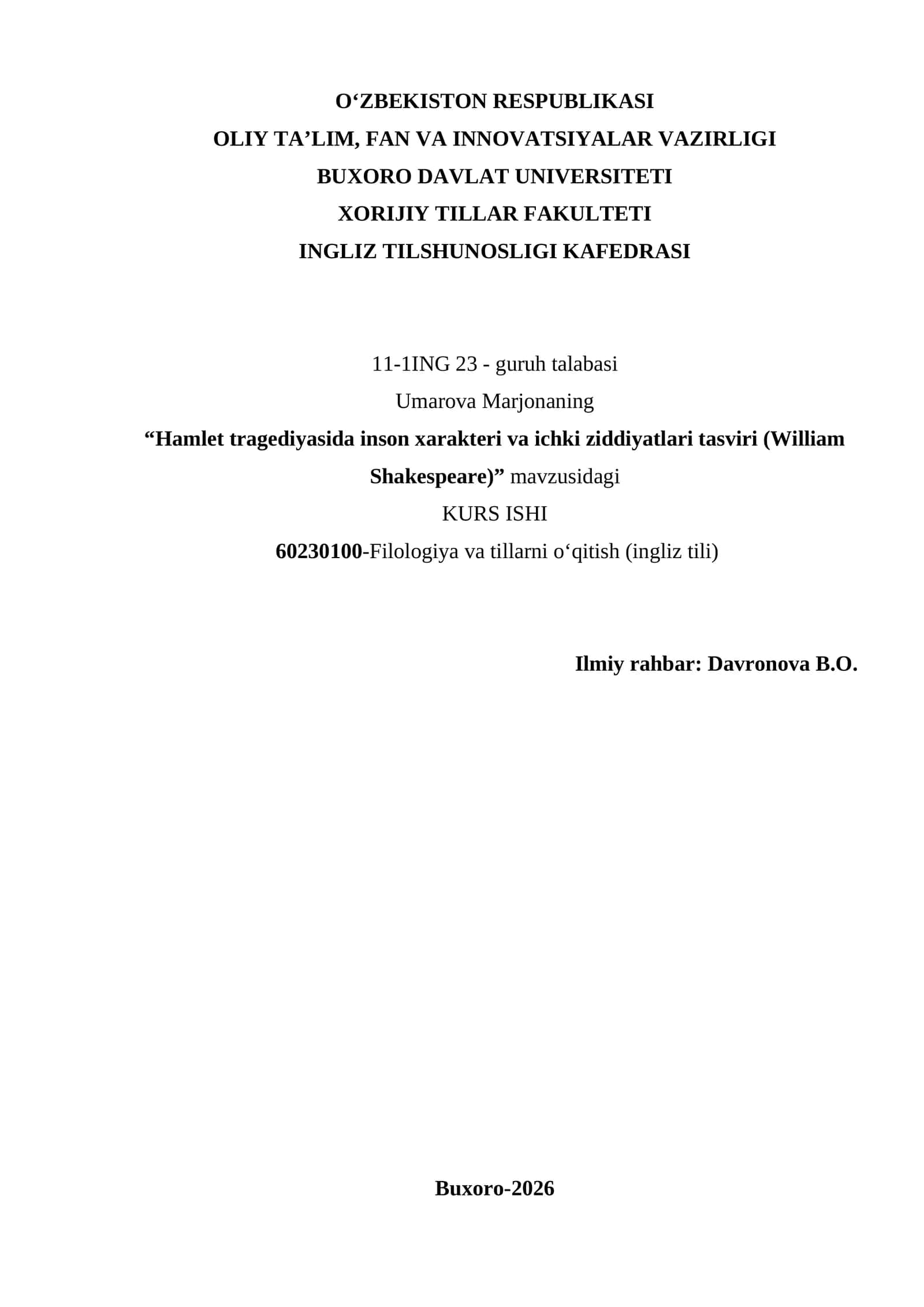Hamlet tragediyasida inson xarakteri va ichki ziddiyatlari tasviri (William Shakespeare) 1