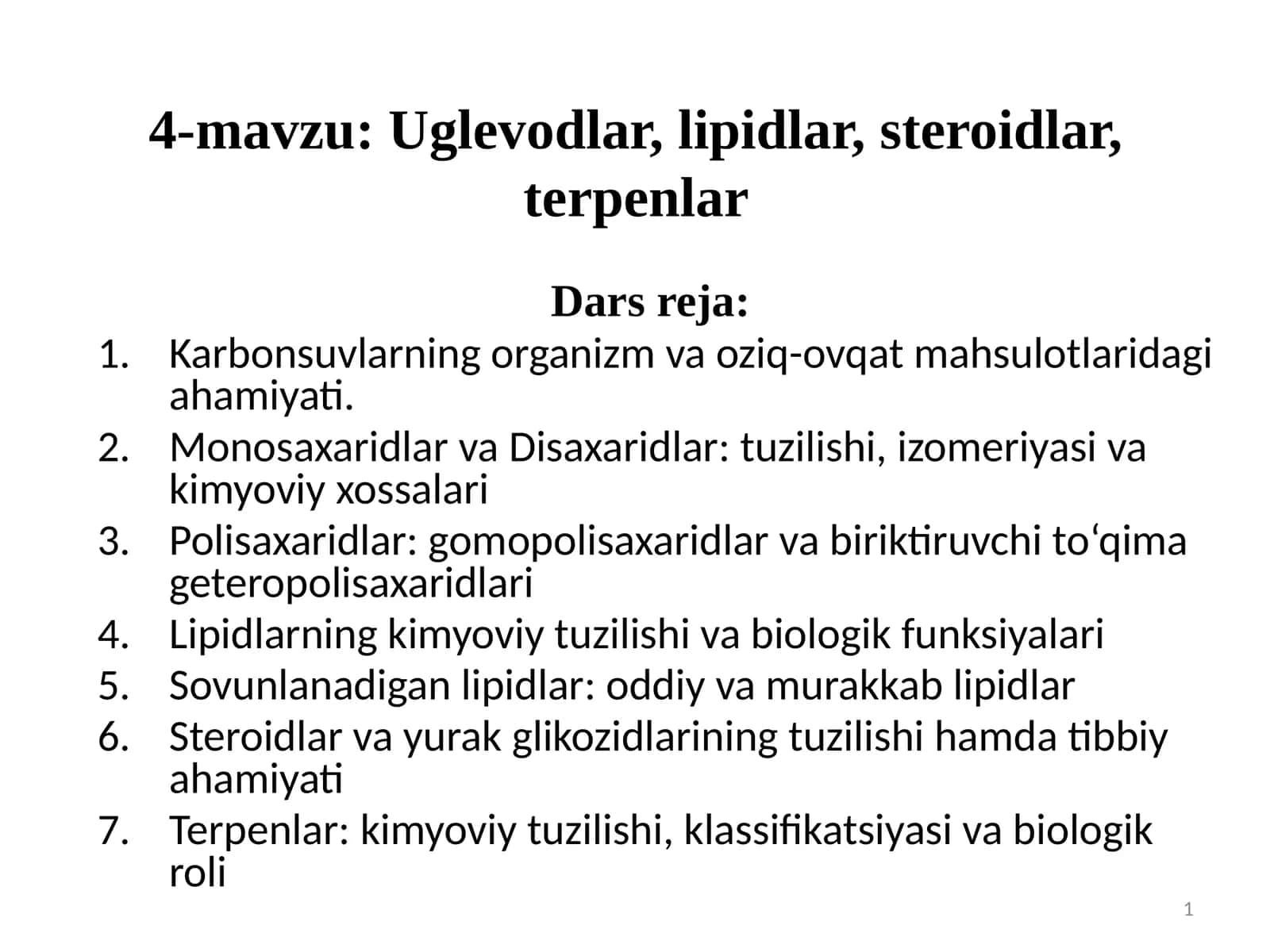 Karbonsuvlar va oziq-ovqat mahsulotlari kimyosi 1