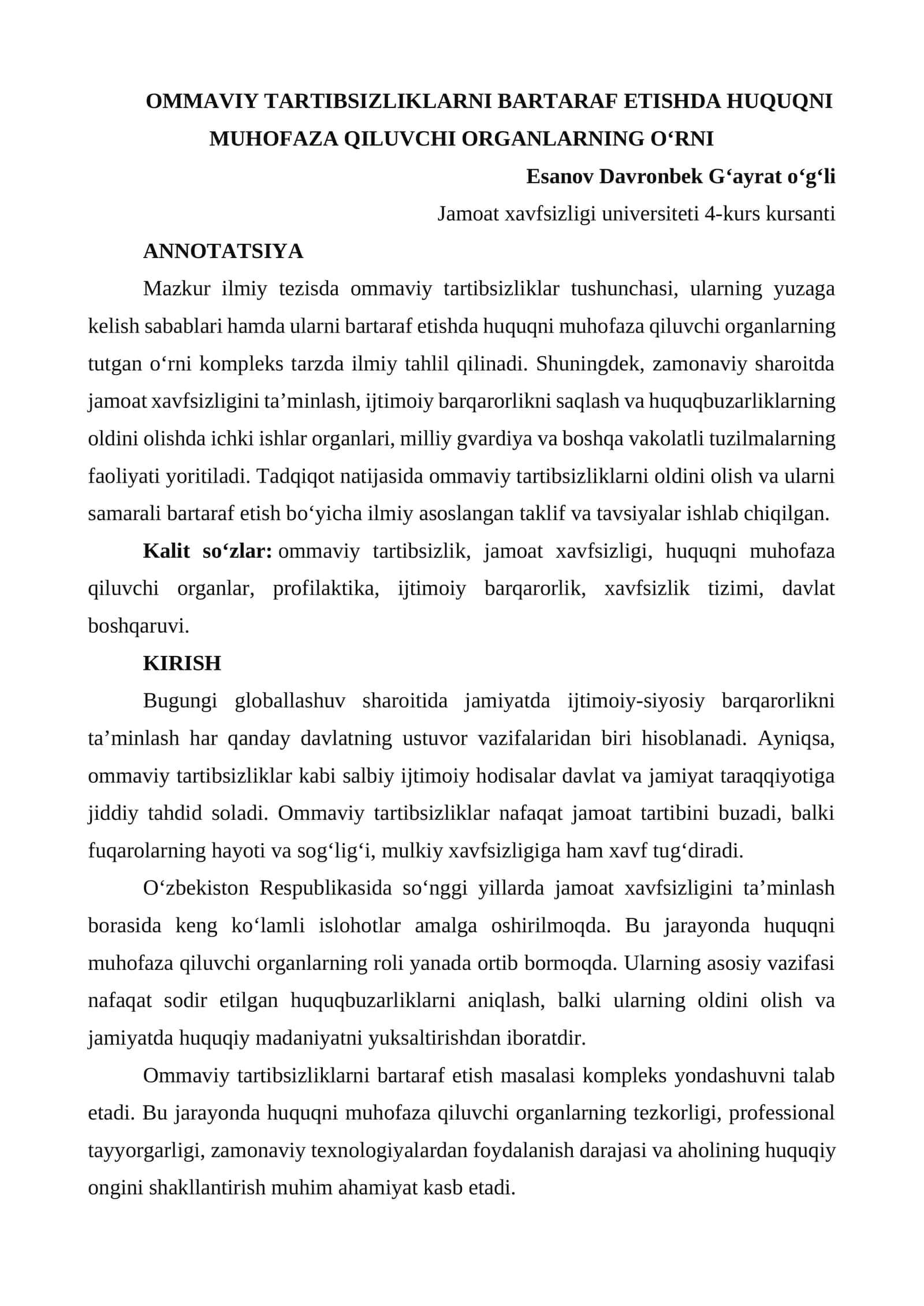 OMMAVIY TARTIBSIZLIKLARNI BARTARAF ETISHDA HUQUQNI MUHOFAZA QILUVCHI ORGANLARNING O‘RNI 1