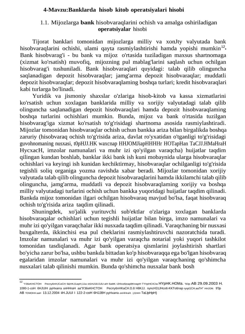 Banklarda hisob kitob operatsiyalari hisobi 1