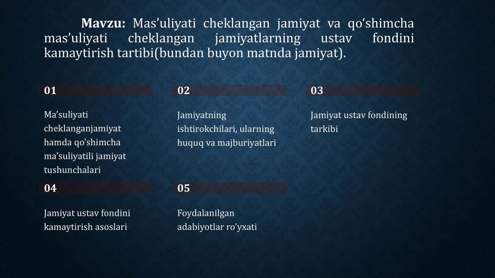 Mas’uliyati cheklangan jamiyat va qo‘shimcha mas’uliyati cheklangan jamiyatlarning ustav fondini kamaytirish tartibi(bundan buyon matnda jamiyat). 1