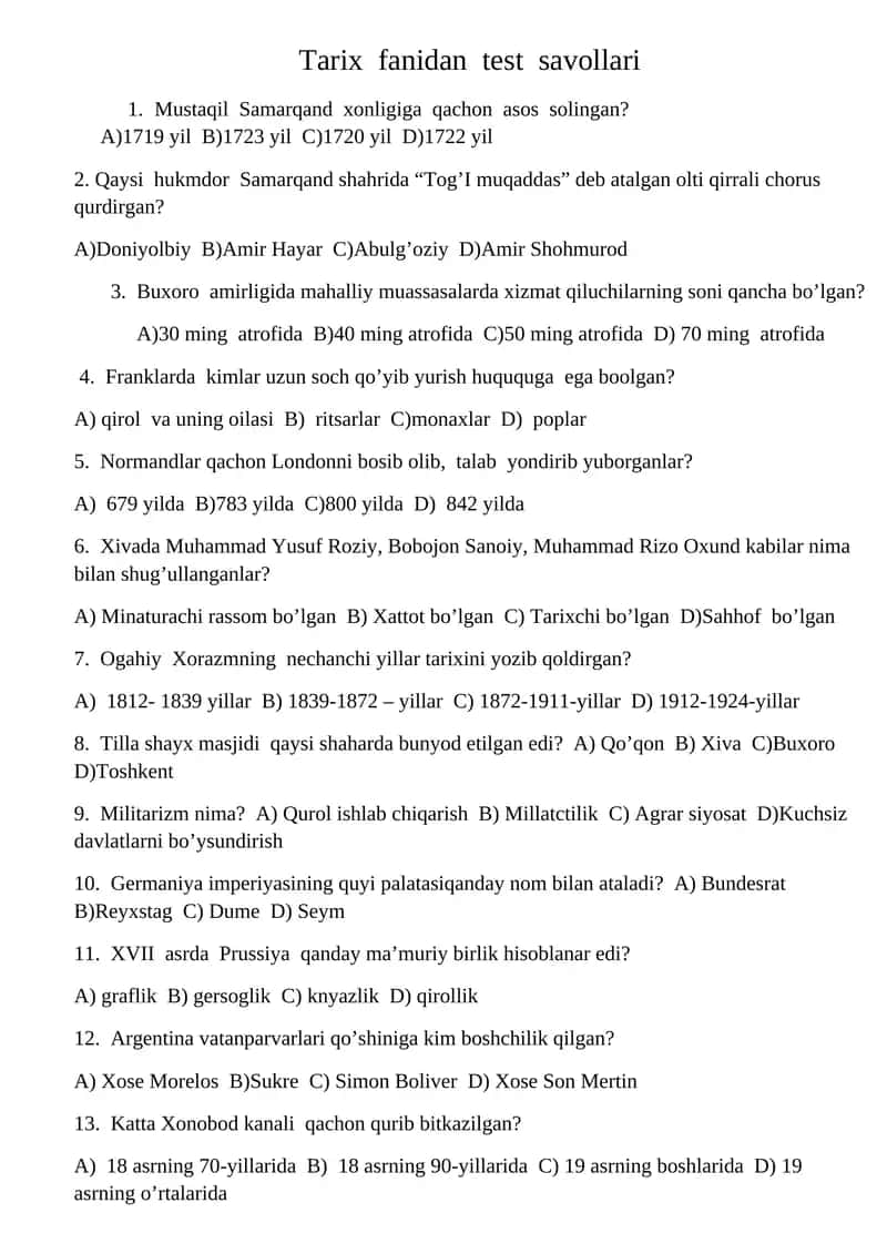 Tarix fanidan test savollari 1