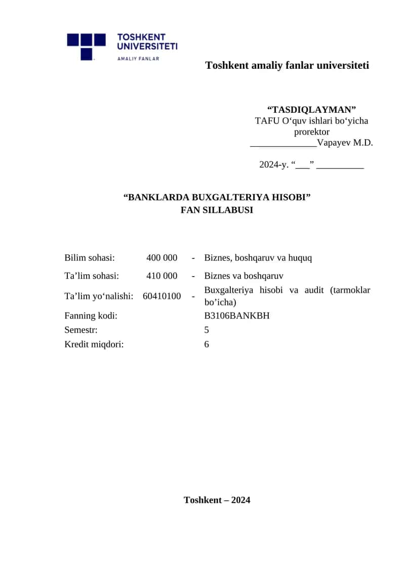 BANKLARDA BUXGALTERIYA HISOBI FAN SILLABUSI 1