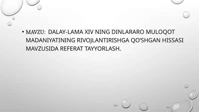 Dalay-Lama XIV ning dinlararo muloqot madaniyatining rivojlantirishga qoʻshgan hissasi mavzusida referat tayyorlash 1