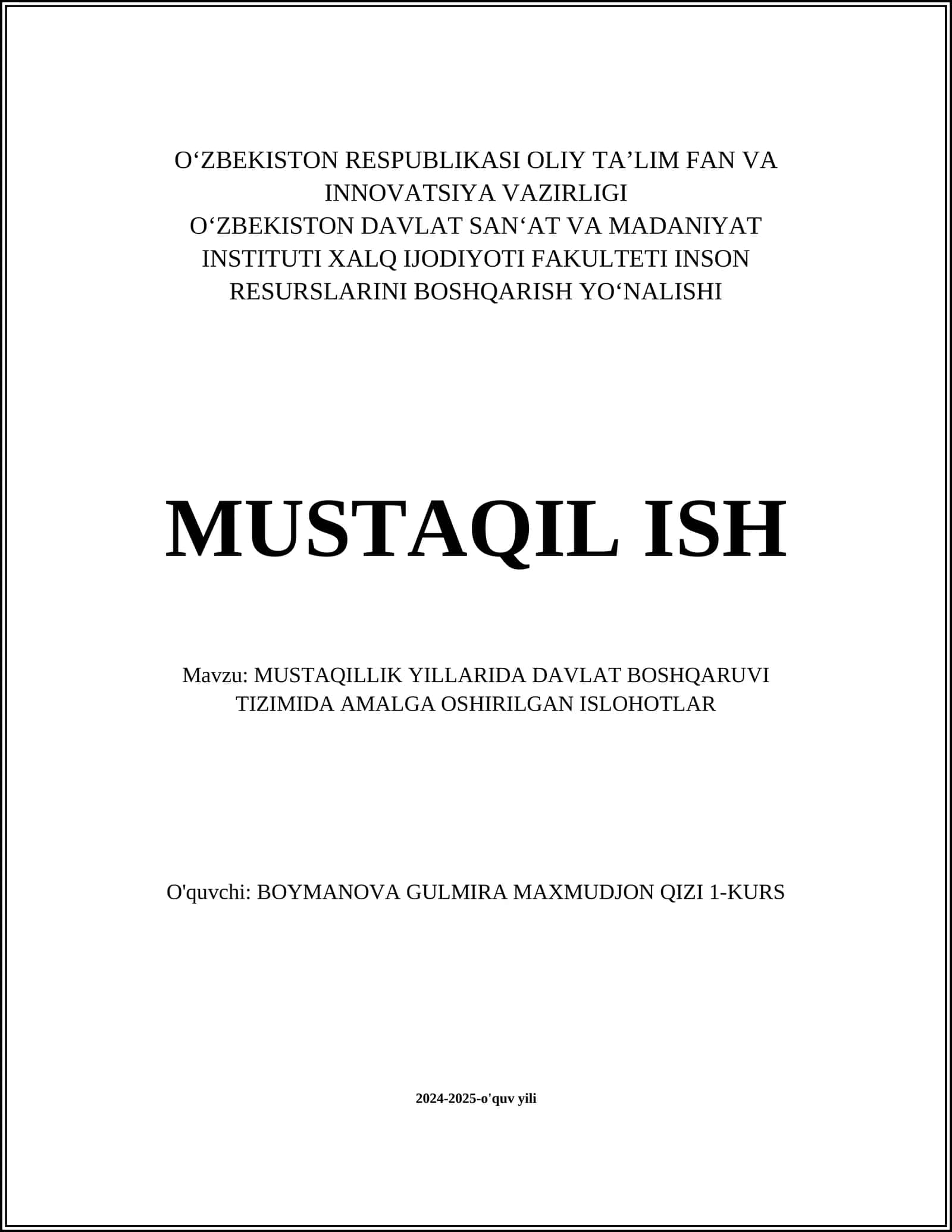 MUSTAQILLIK YILLARIDA DAVLAT BOSHQARUVI TIZIMIDA AMALGA OSHIRILGAN ISLOHOTLAR 1