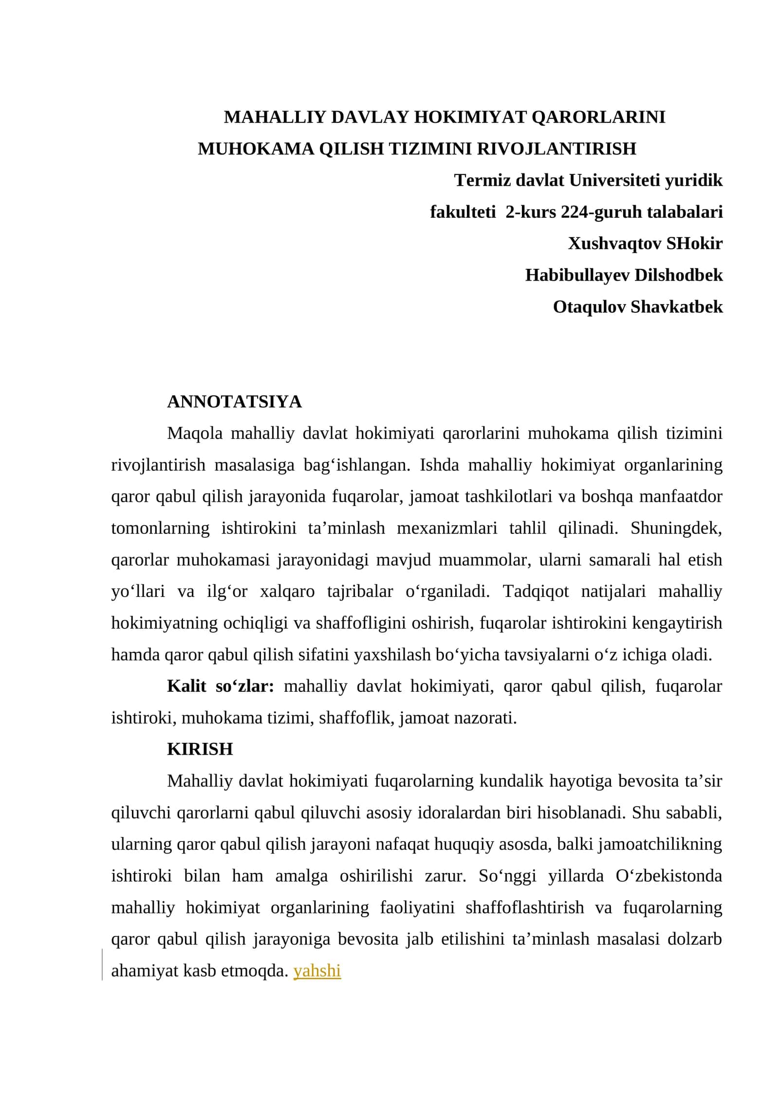 Mahalliy davlat hokimiyati qarorlarini muhokama qilish tizimini rivojlantirish 1