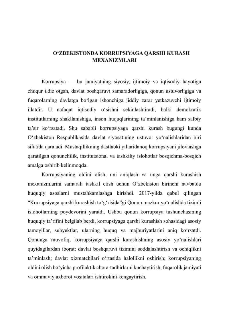 O‘zbekistonda Korrupsiyaga Qarshi Kurash Mexanizmlari 1