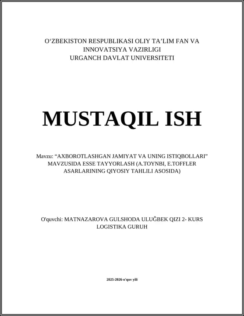 "AXBOROTLASHGAN JAMIYAT VA UNING ISTIQBOLLARI" ESSE 1