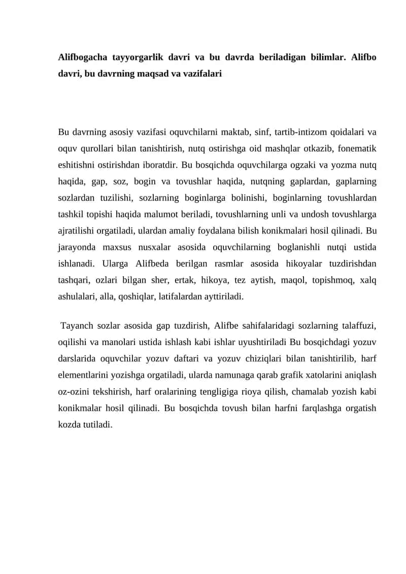 Alifbogacha tayyorgarlik davri va bu davrda beriladigan bilimlar 1
