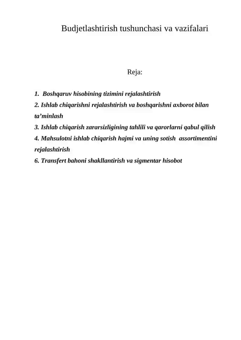 Budjetlashtirish tushunchasi va vazifalari