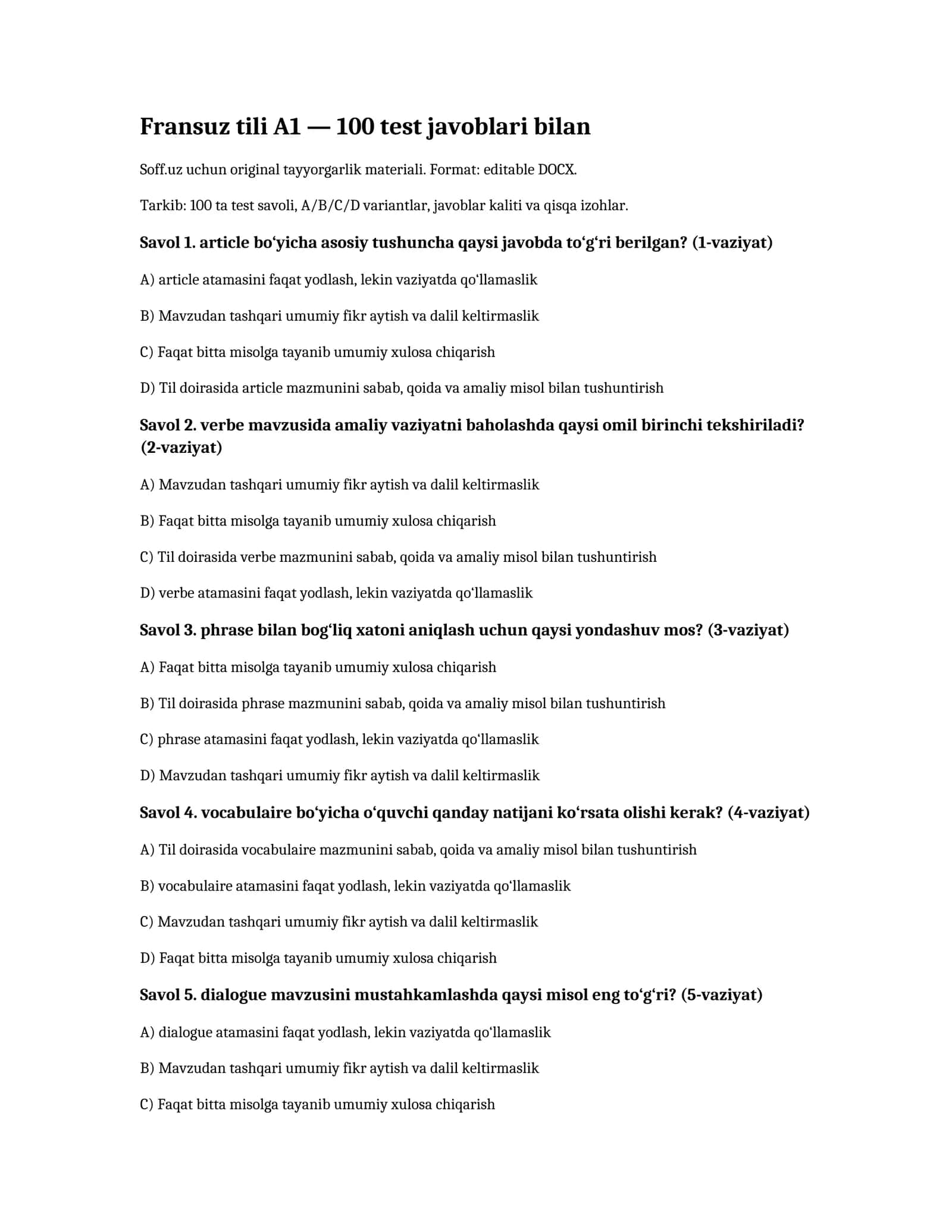 Fransuz tili A1 — 100 test javoblari bilan 1