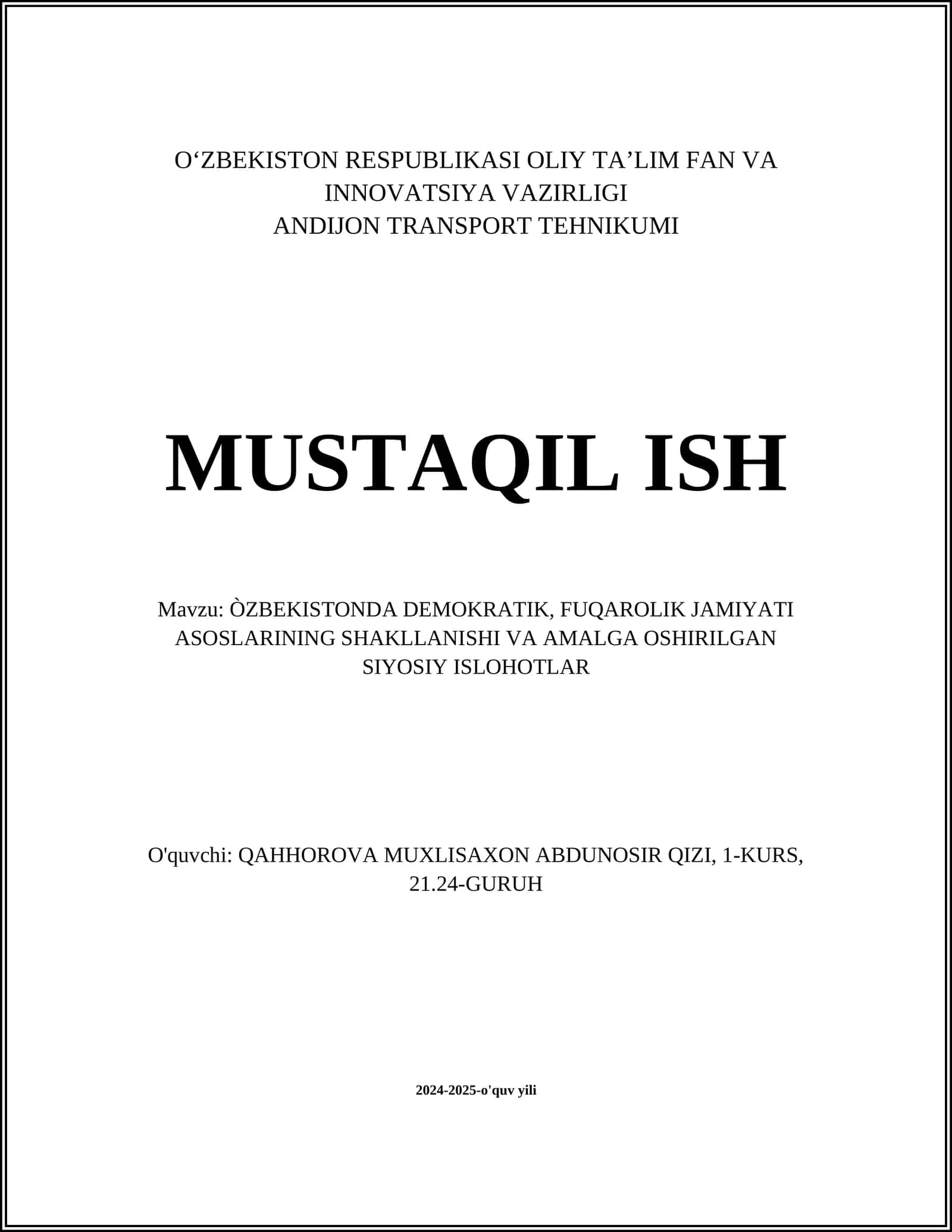 ÒZBEKISTONDA DEMOKRATIK, FUQAROLIK JAMIYATI ASOSLARINING SHAKLLANISHI VA AMALGA OSHIRILGAN SIYOSIY ISLOHOTLAR 1