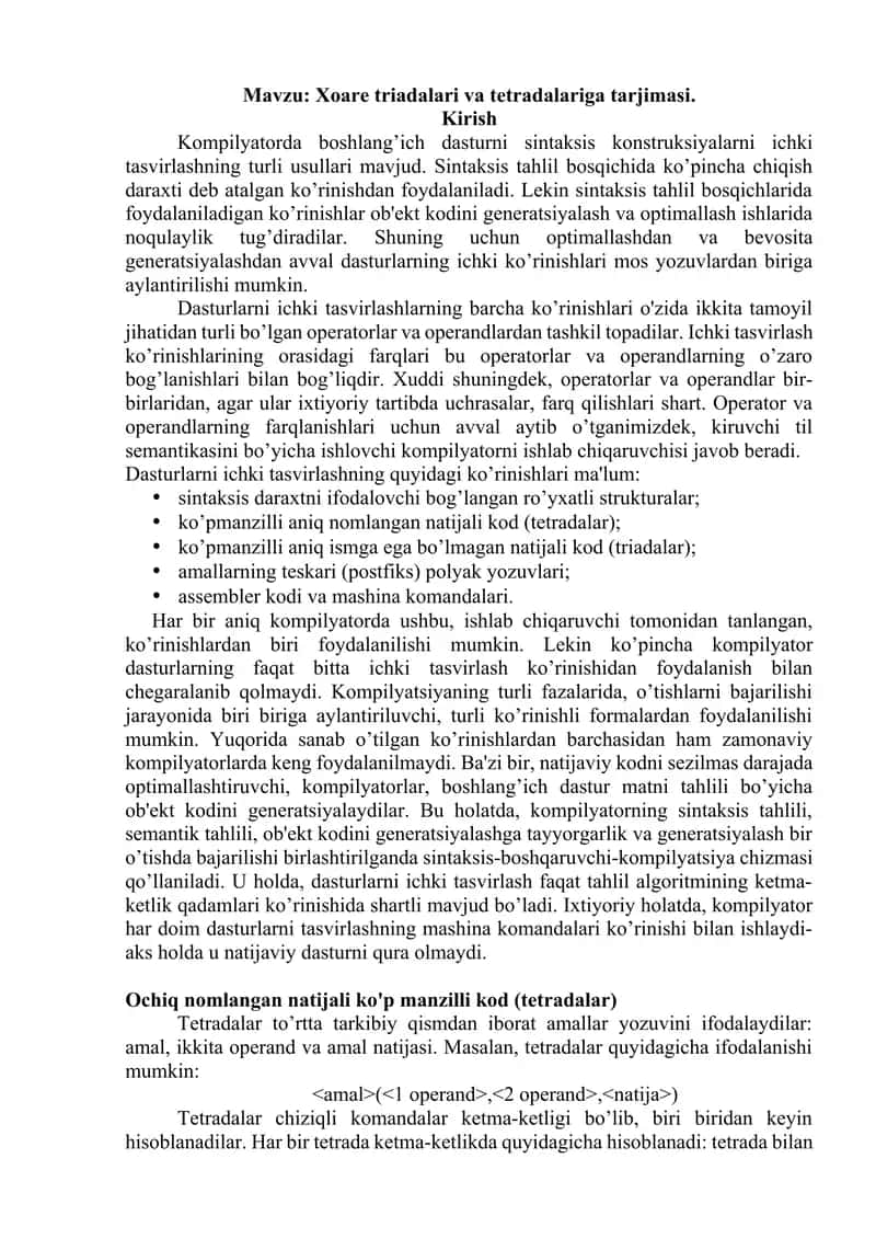Xoare triadalari va tetradalariga tarjimasi 1