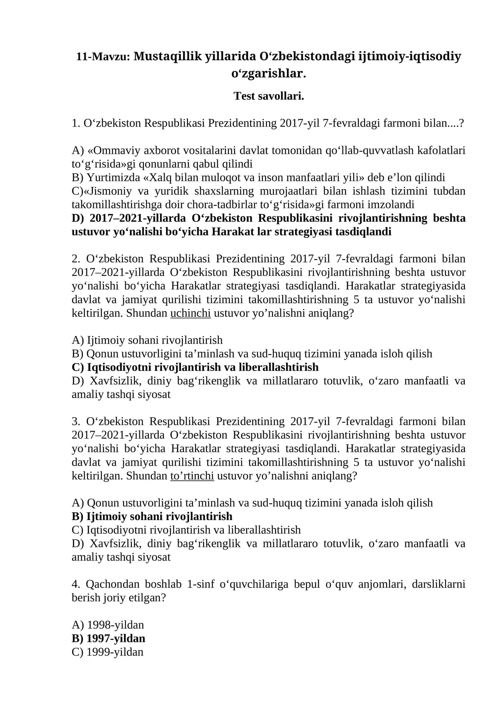 Mustaqillik yillarida O‘zbekistondagi ijtimoiy-iqtisodiy o‘zgarishlar 1