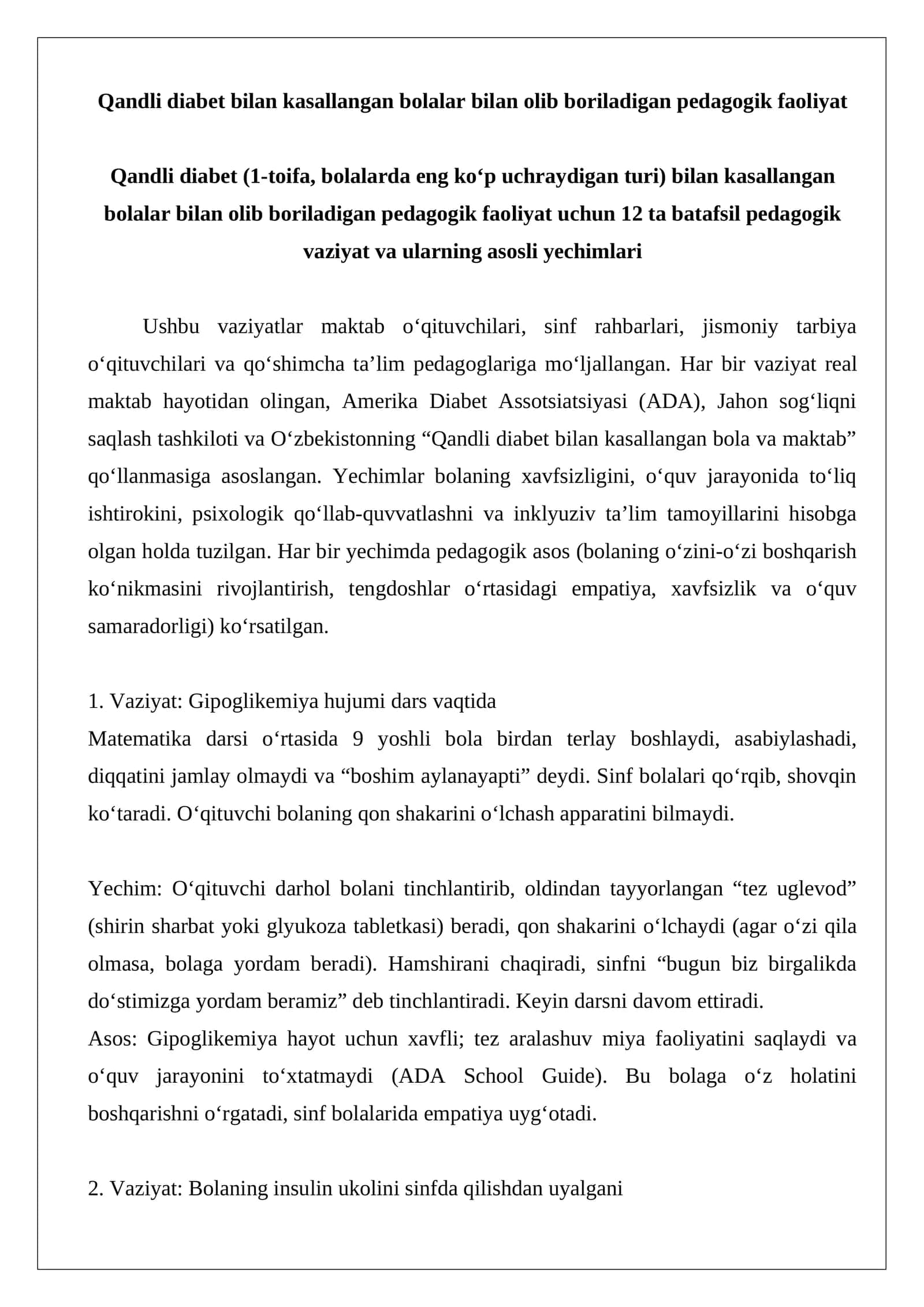 Qandli diabet bilan kasallangan bolalar bilan olib boriladigan pedagogik faoliyat 1