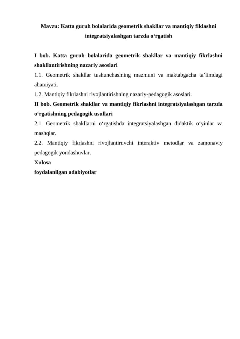 Katta guruh bolalarida geometrik shakllar va mantiqiy fiklashni integratsiyalashgan tarzda oʻrgatish 1
