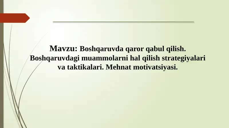 Boshqaruvda qaror qabul qilish. Boshqaruvdagi muammolarni hal qilish strategiyalari va taktikalari. Mehnat motivatsiyasi. 1