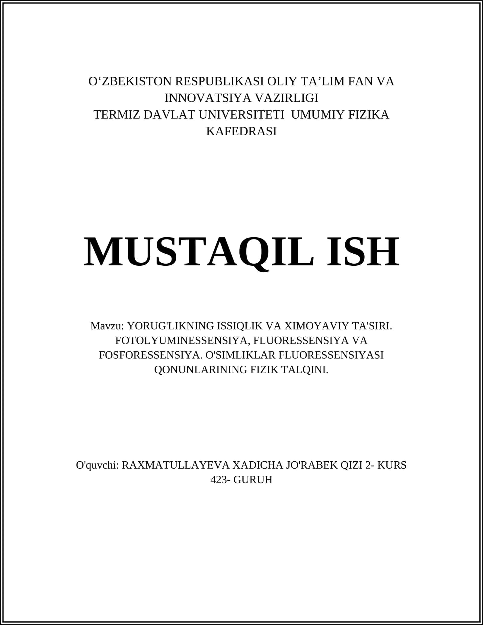 YORUG'LIKNING ISSIQLIK VA XIMOYAVIY TA'SIRI 1