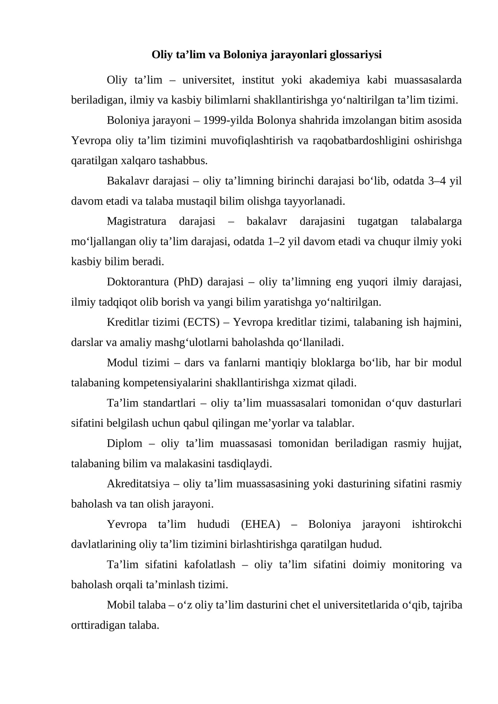 Oliy ta’lim va Boloniya jarayonlari glossariysi 1