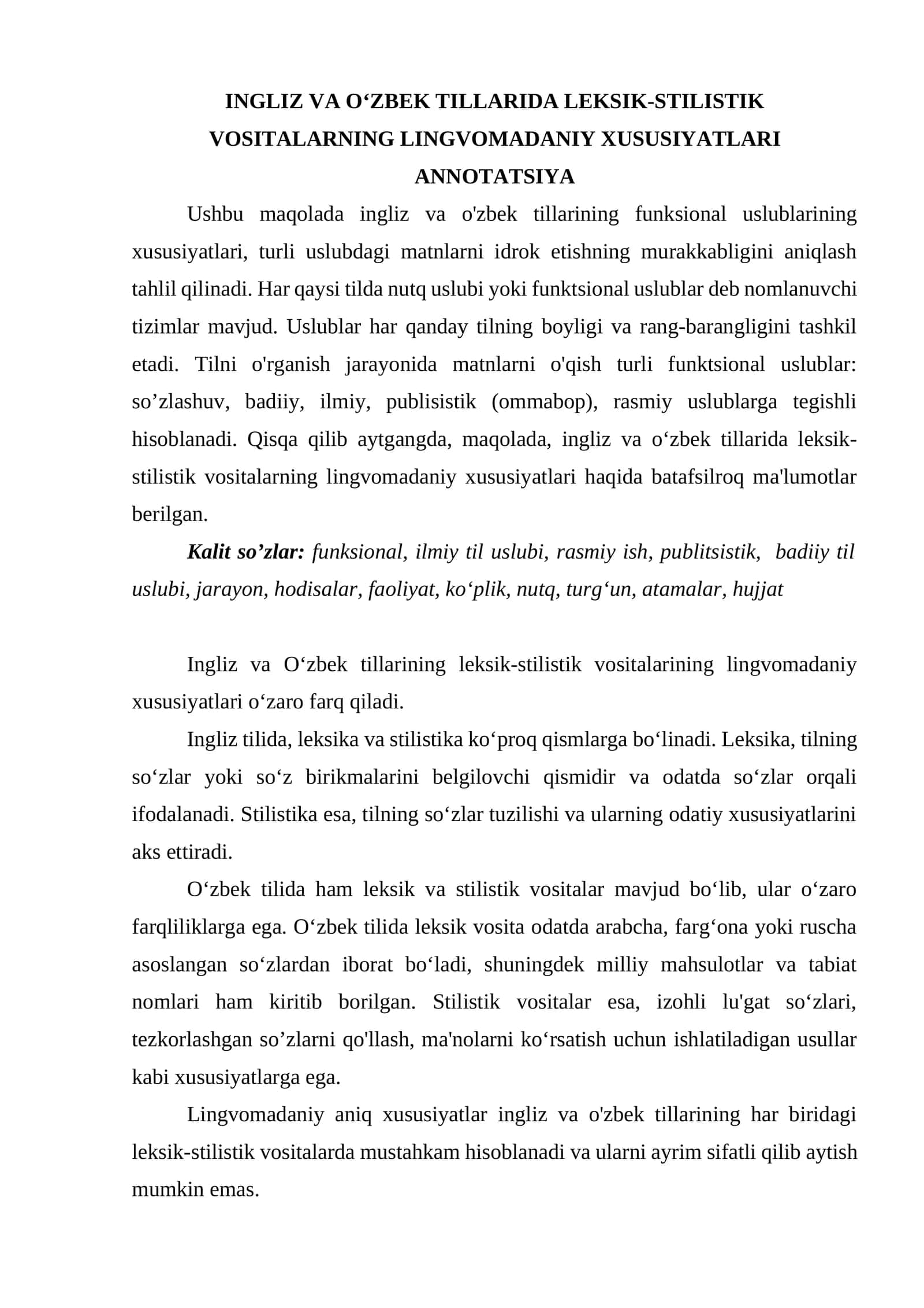 INGLIZ VA OʻZBEK TILLARIDA LEKSIK-STILISTIK VOSITALARNING LINGVOMADANIY XUSUSIYATLARI 1