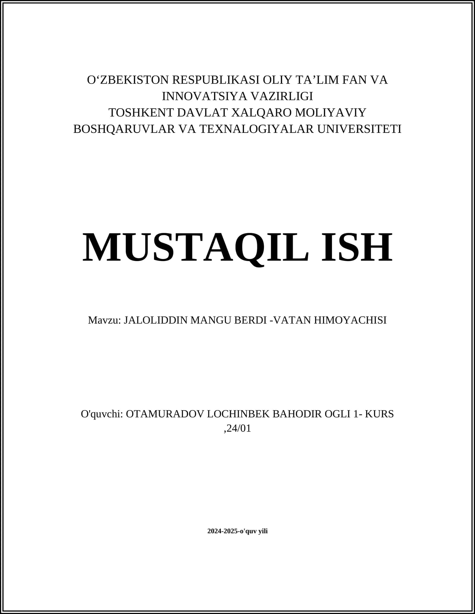 JALOLIDDIN MANGU BERDI -VATAN HIMOYACHISI 1
