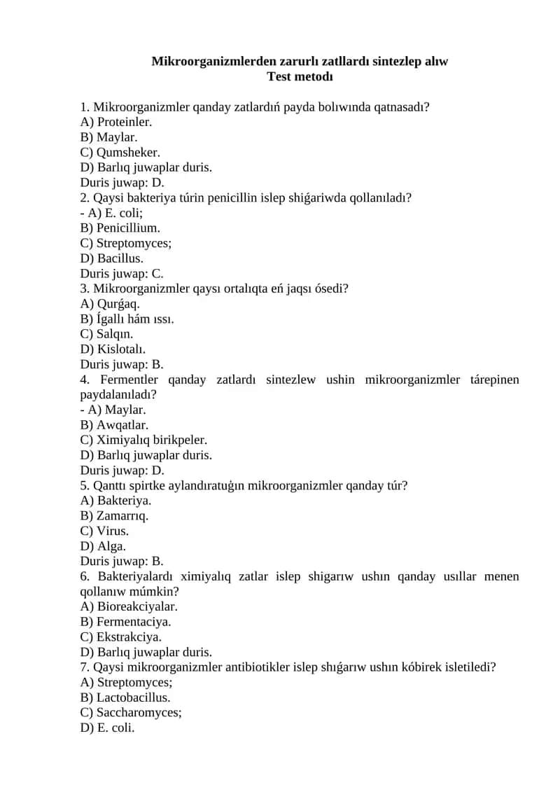 Mikroorganizmlerden zárurli zatlardı sintezlep alıw 1