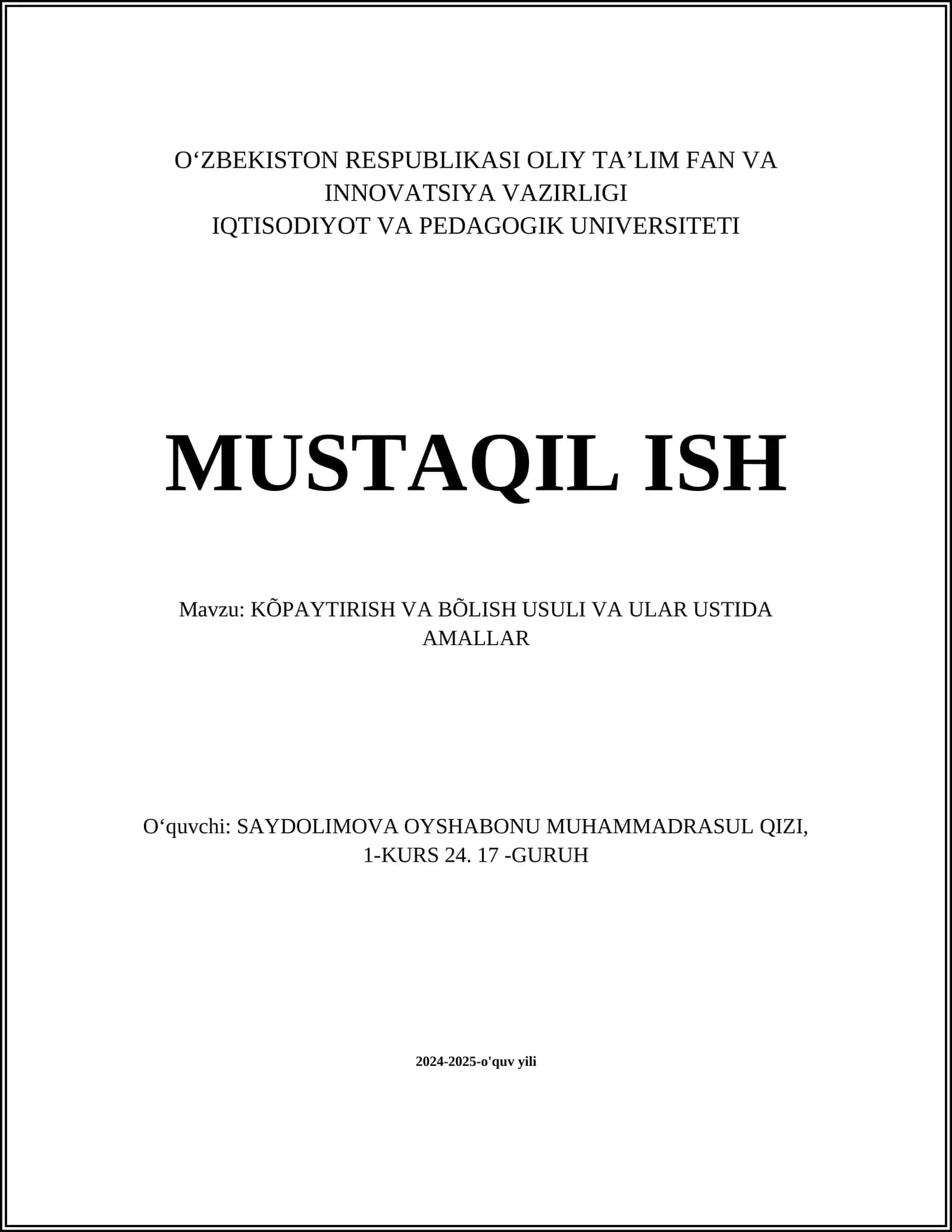 KÕPAYTIRISH VA BÕLISH USULI VA ULAR USTIDA AMALLAR 1