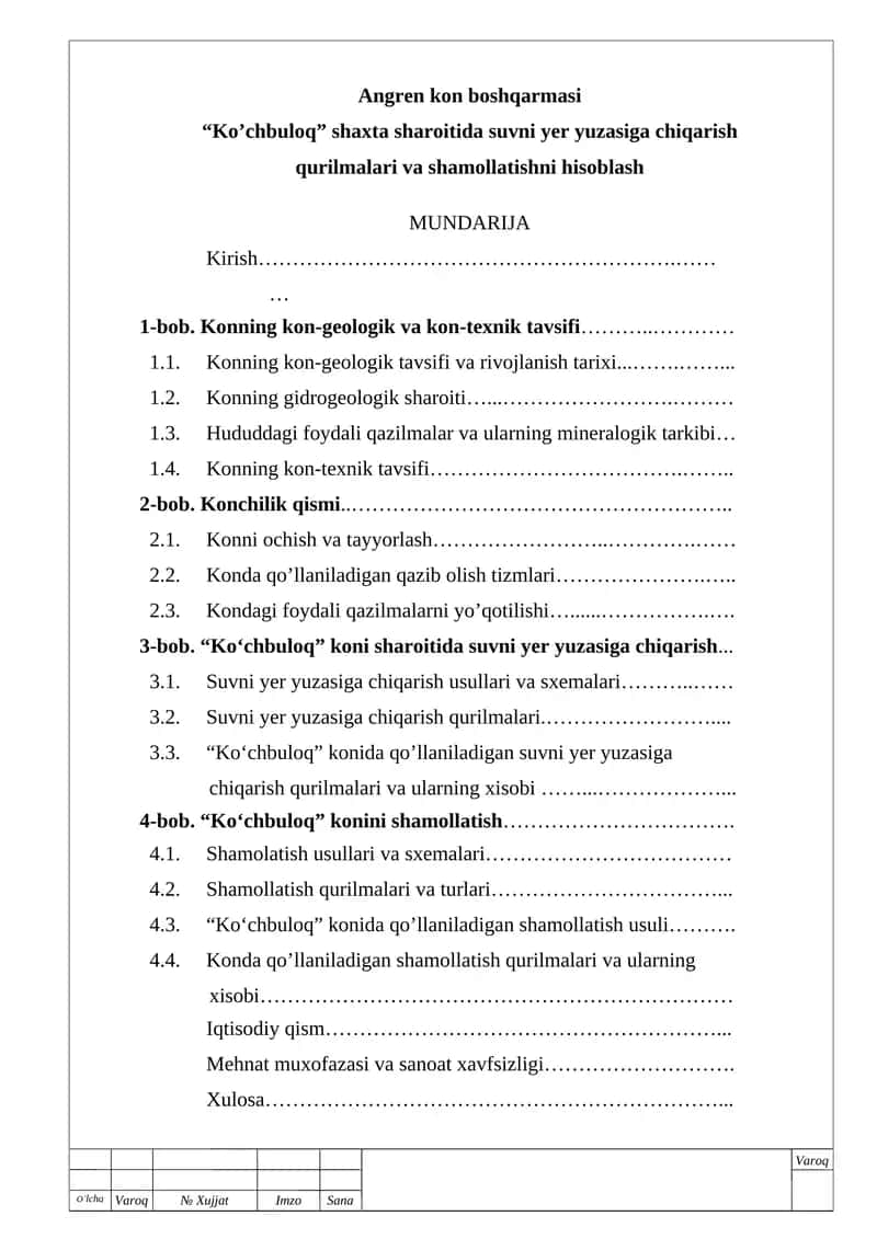 diplom ishi ko'chbuloq shaxta sharoitida suvni yer yuzasiga chiqarish qurilmalari va shamollatishni hisoblash 1