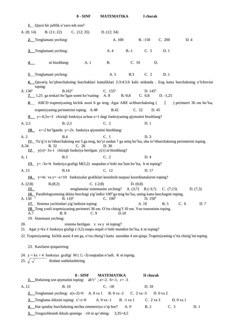 8 - SINF MATEMATIKA I chorak 1