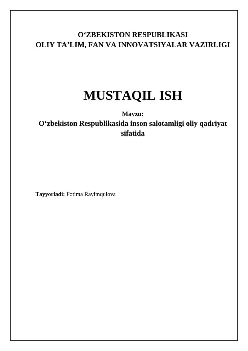 Oʻzbekiston Respublikasida Inson Salomatligi Oliy Qadriyat Sifatida 1