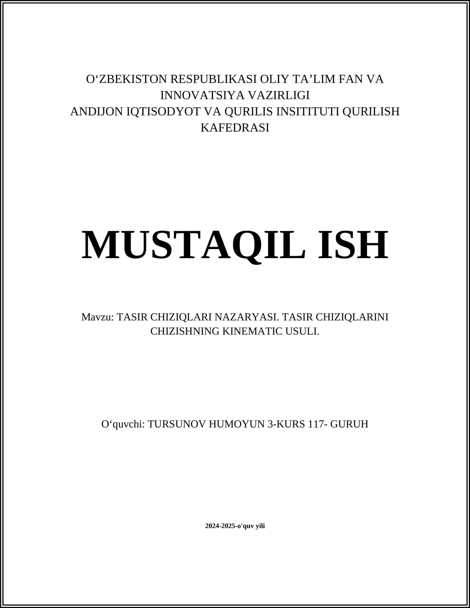 TASIR CHIZIQLARI NAZARYASI. TASIR CHIZIQLARINI CHIZISHNING KINEMATIC USULI 1