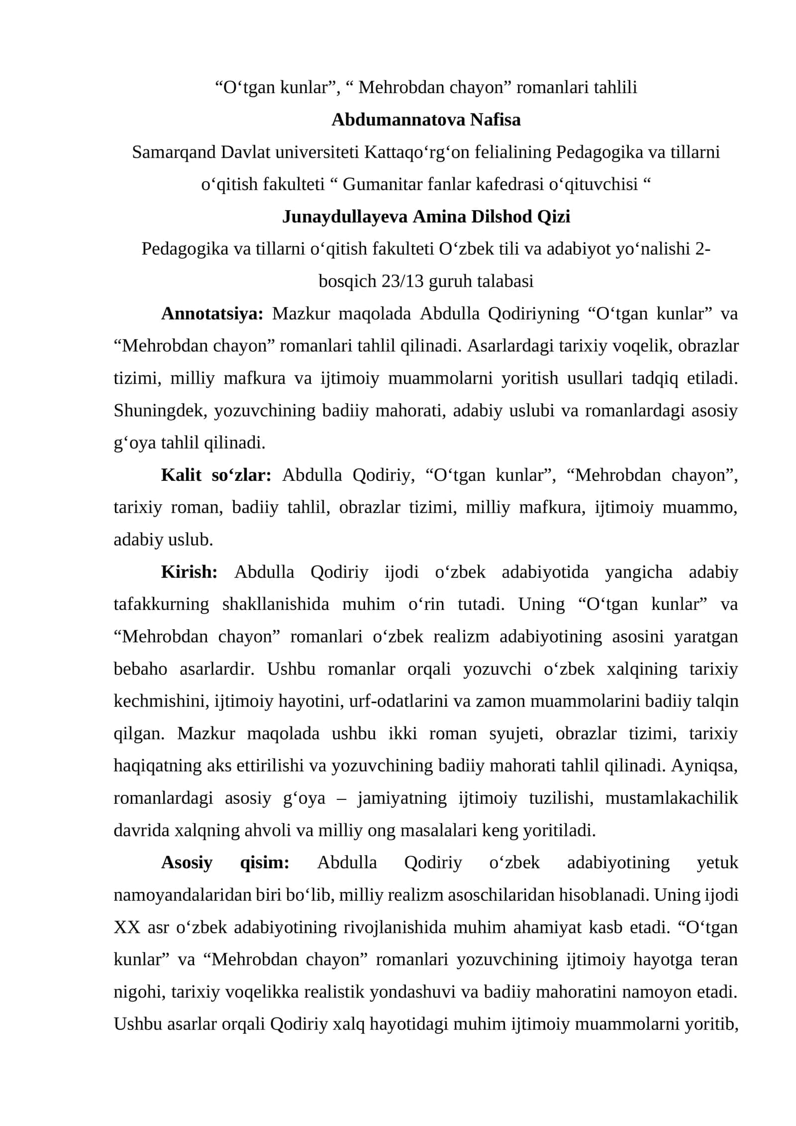“Oʻtgan kunlar”, “ Mehrobdan chayon” romanlari tahlili 1