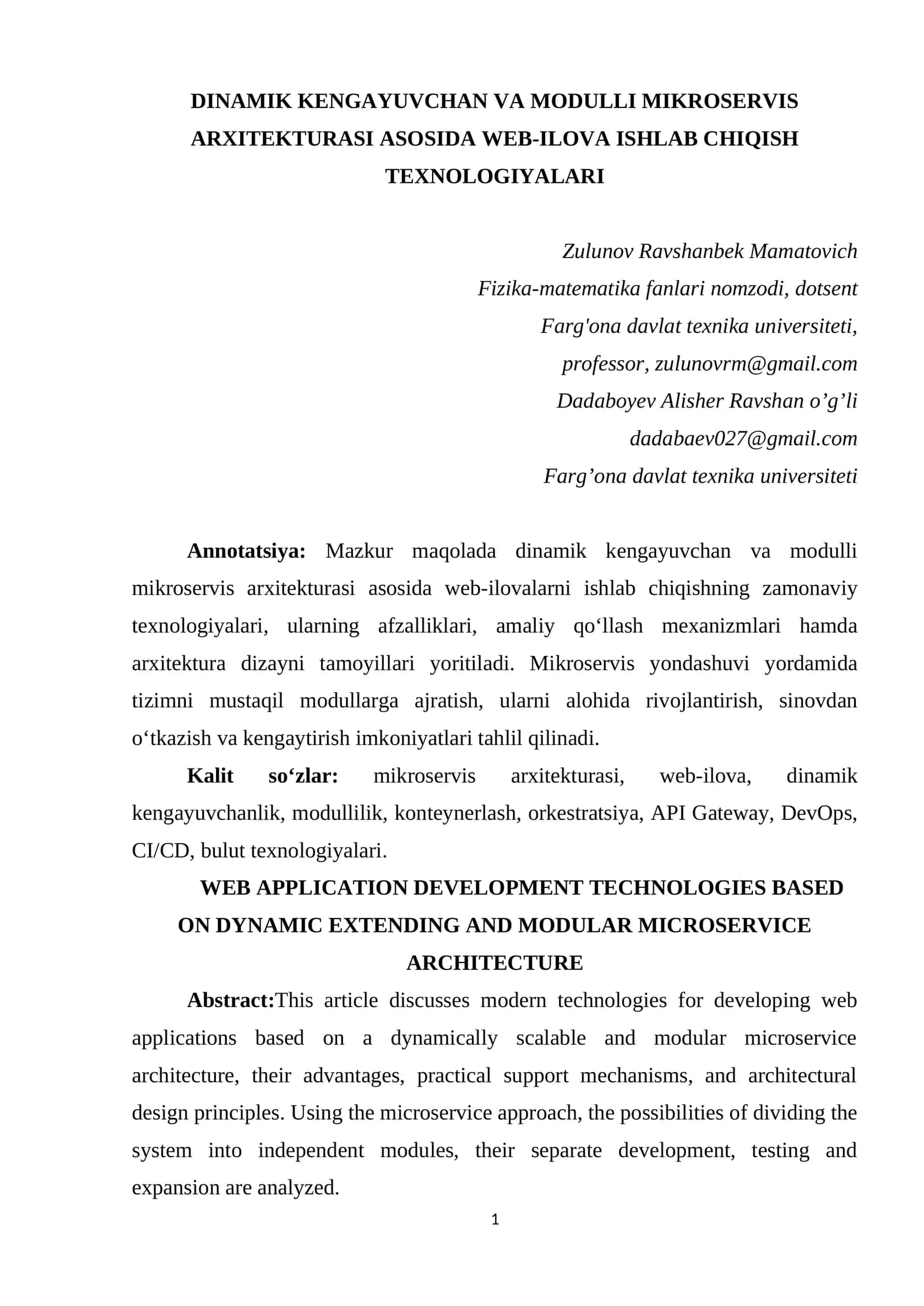 DINАMIK KЕNGАYUVСHАN VА MОDULLI MIKRОSЕRVIS АRХITЕKTURАSI АSОSIDА WЕB-ILОVА ISHLАB СHIQISH TЕХNОLОGIYАLАRI 1