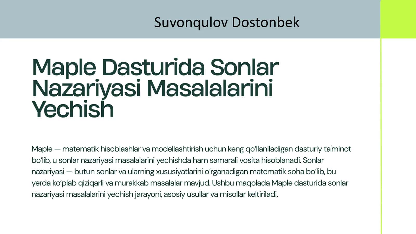 Maple Dasturida Sonlar Nazariyasi Masalalarini Yechish 1
