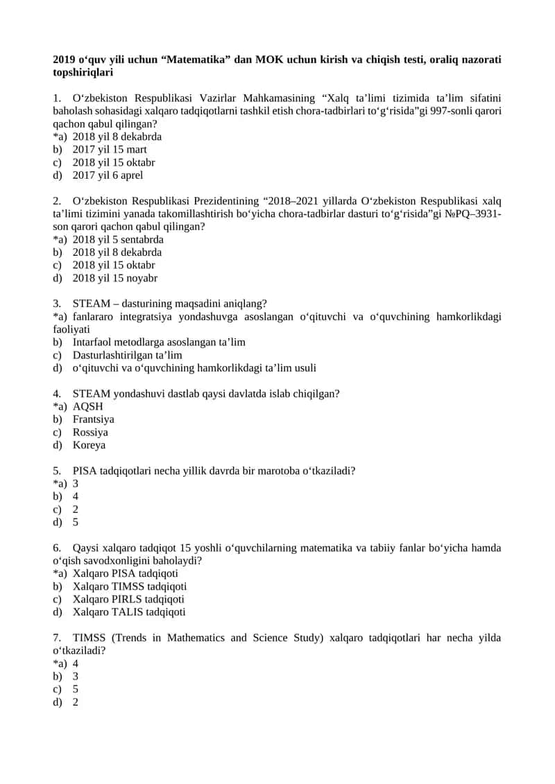 2019 o‘quv yili uchun “Matematika” dan MOK uchun kirish va chiqish testi, oraliq nazorati topshiriqlari 1
