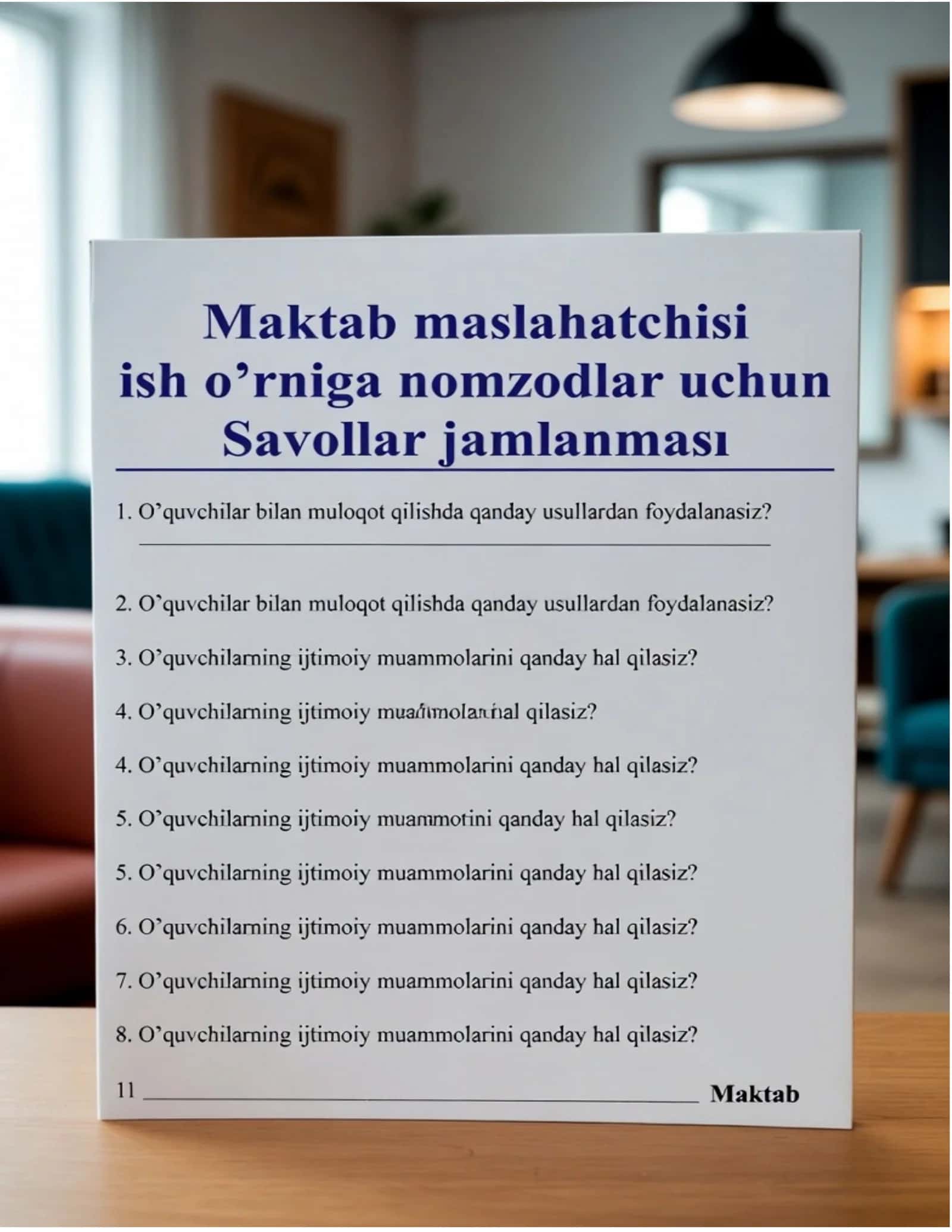 Maktab maslahatchisi lavozimi uchun imtihon savollari va javoblari. 2026 1