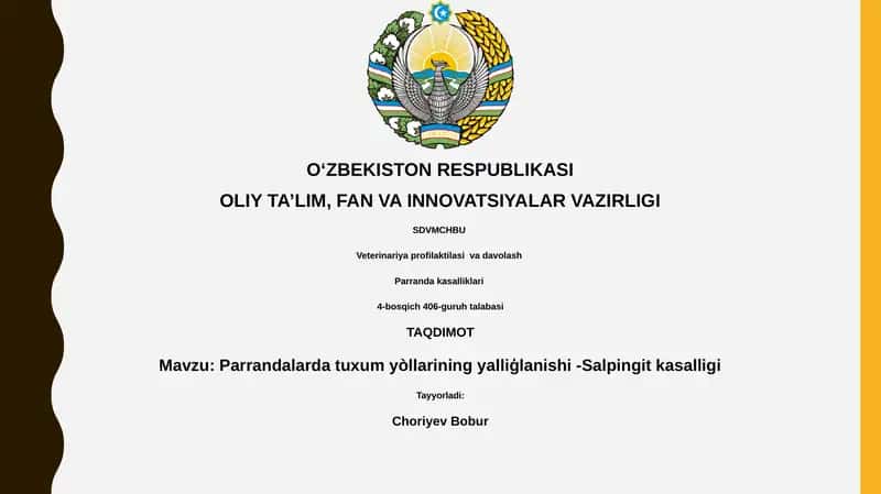 Parrandalarda tuxum yòllarining yalliģlanishi -Salpingit kasalligi 1