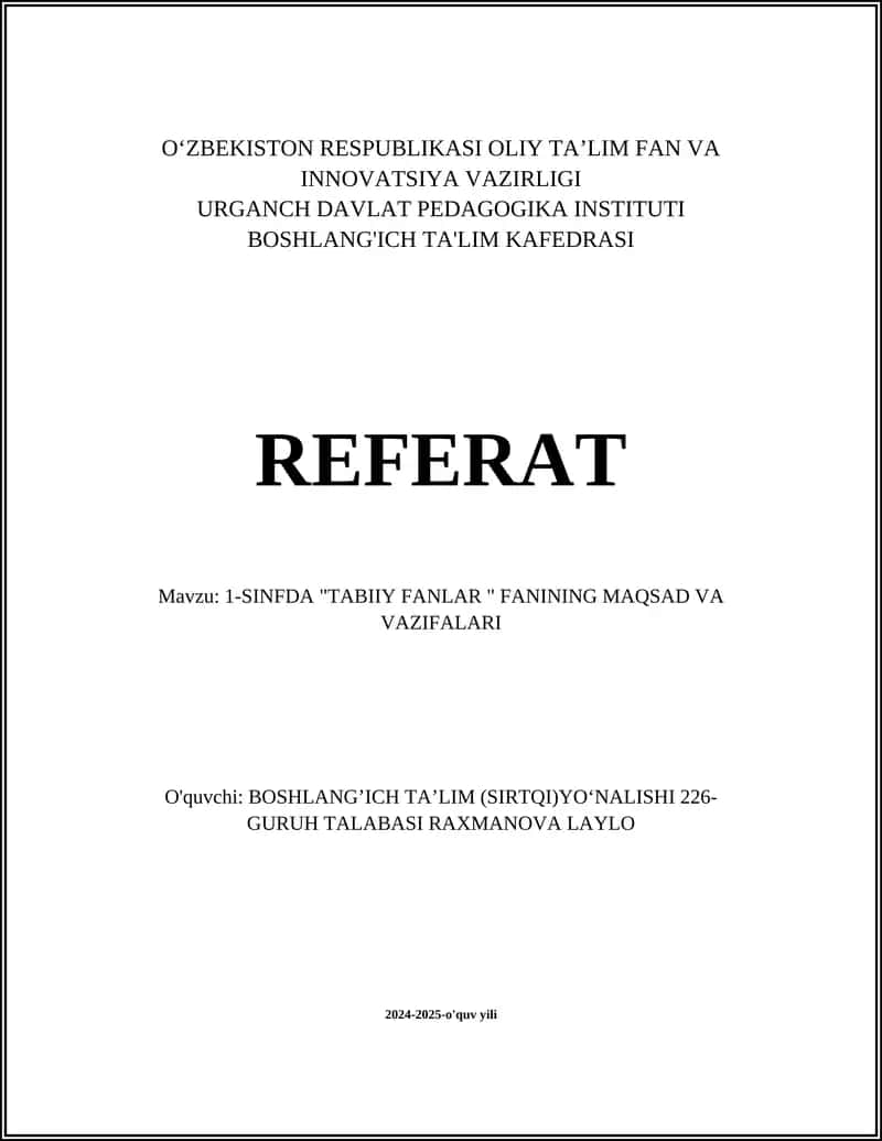 1-SINFDA "TABIIY FANLAR " FANINING MAQSAD VA VAZIFALARI 1