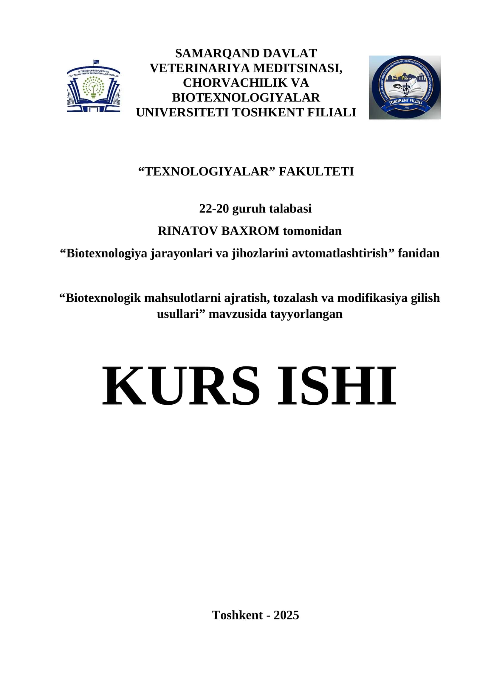 Biotexnologik mahsulotlarni ajratish, tozalash va modifikasiya gilish usullari 1