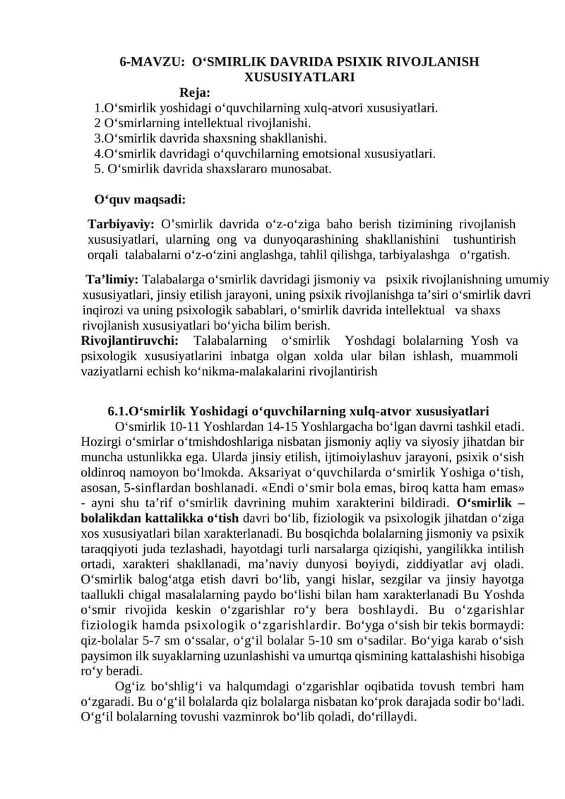 O‘SMIRLIK DAVRIDA PSIXIK RIVOJLANISH XUSUSIYATLARI 1