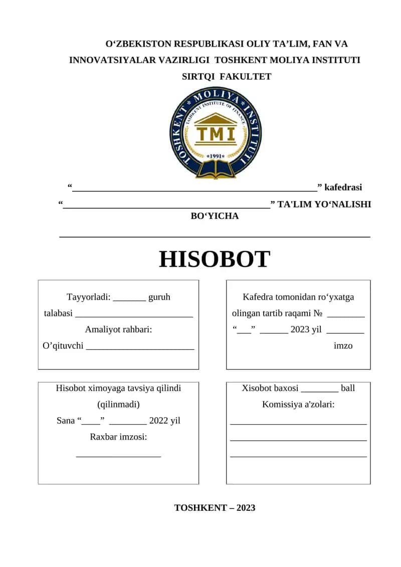 Oʻzbekiston Respublikasi Oliy Ta’lim, Fan va Innovatsiyalar Vazirligi Toshkent Moliya Instituti 1