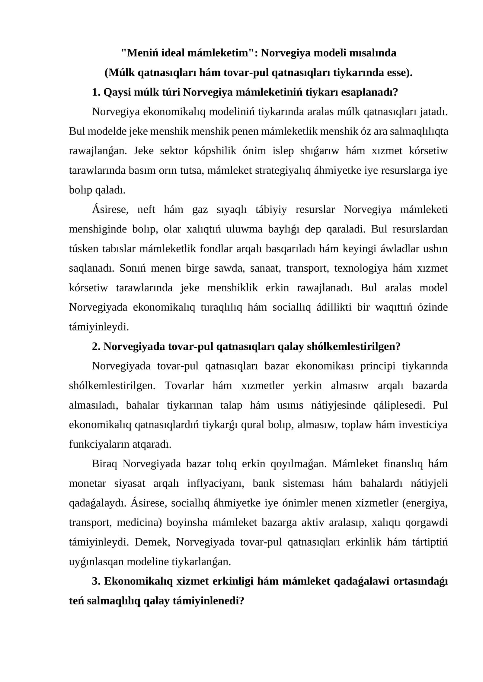 Meniń ideal mámleketim: Norvegiya modeli mısalında 1