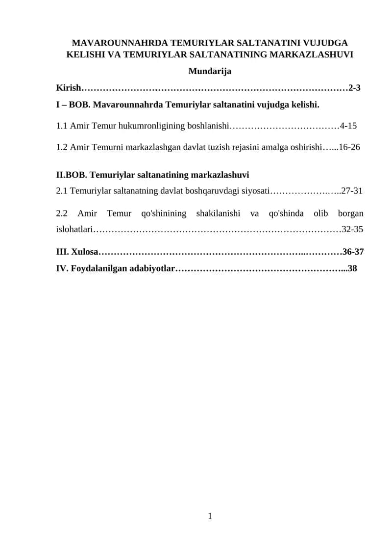 Mavarounnahrda Temuriylar saltanatini vujudga kelishi va Temuriylar saltanating markazlashuvi 1