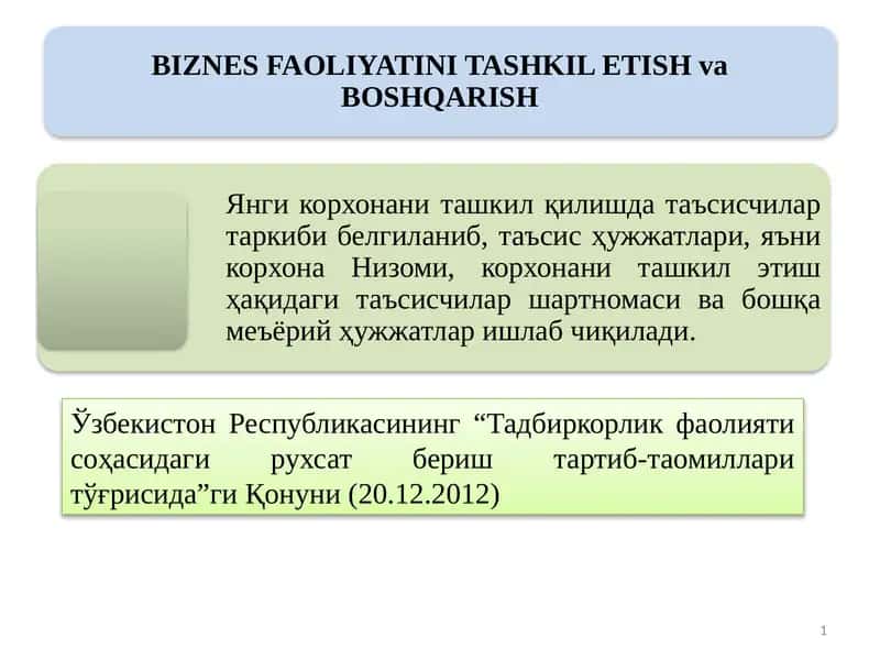 BIZNES FAOLIYATINI TASHKIL ETISH va BOSHQARISH 1
