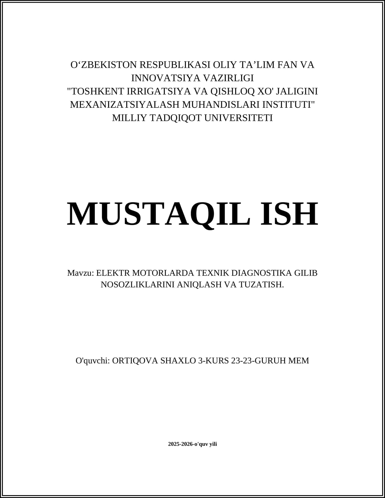 ELEKTR MOTORLARDA TEXNIK DIAGNOSTIKA GILIB NOSOZLIKLARINI ANIQLASH VA TUZATISH 1