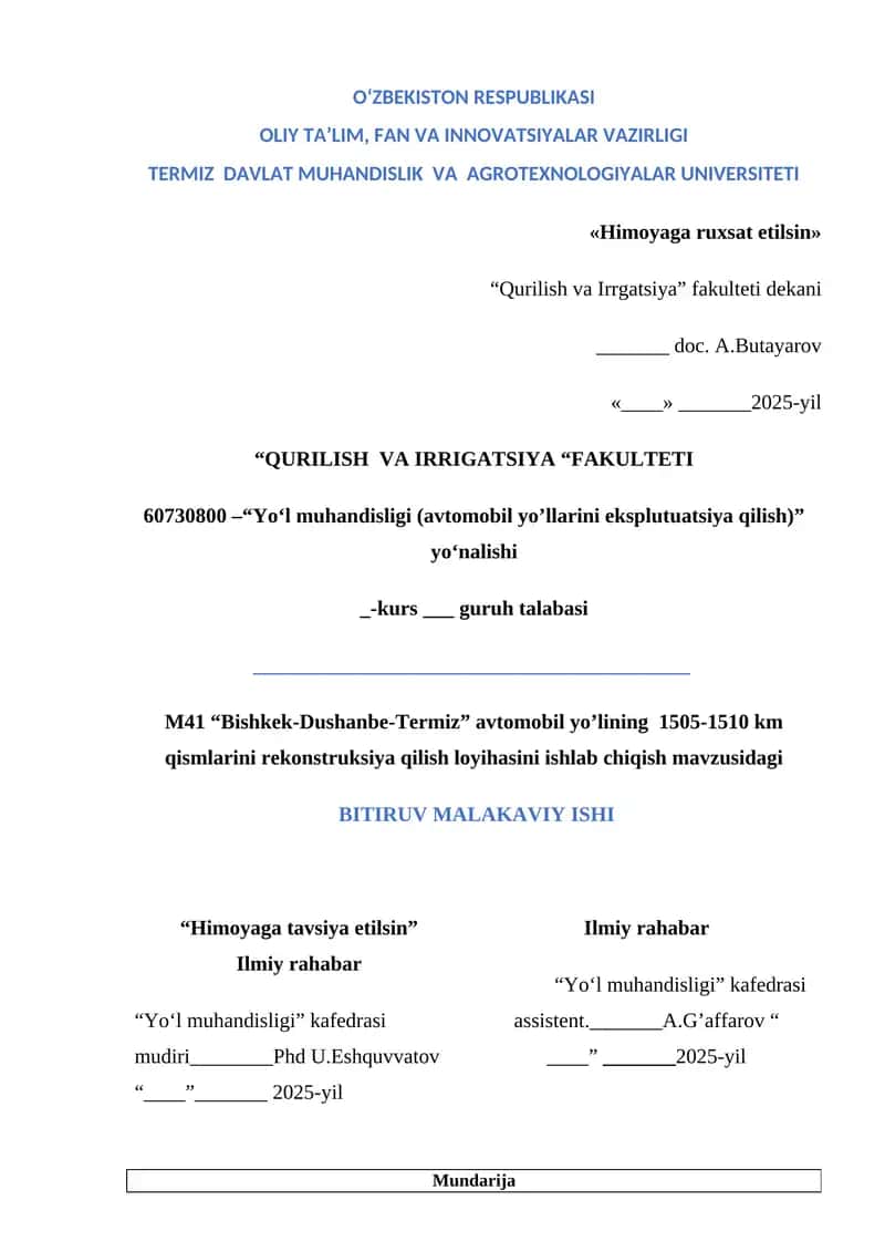 M41 “Bishkek-Dushanbe-Termiz” avtomobil yo’lining  1505-1510 km   qismlarini rekonstruksiya qilish loyihasini ishlab chiqish 1