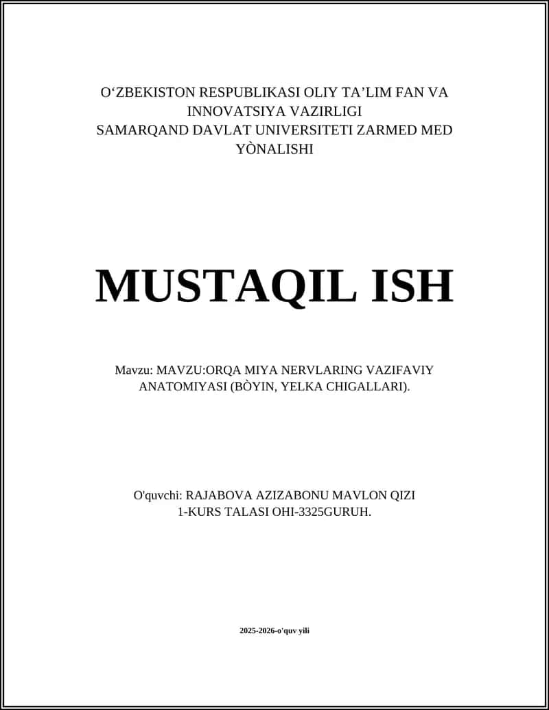 ORQA MIYA NERVLARING VAZIFAVIY ANATOMIYASI (BÒYIN, YELKA CHIGALLARI) 1